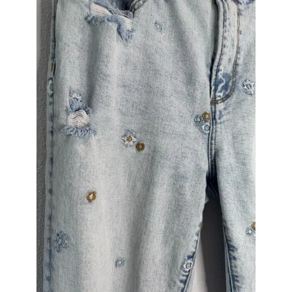 Free People x Driftwood Gizelle Distressed Embroidered Floral Ankle Jeans 29