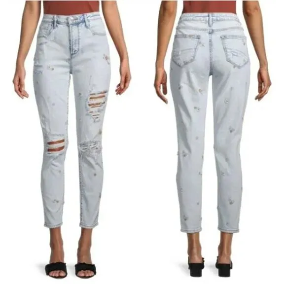 Free People x Driftwood Gizelle Distressed Embroidered Floral Ankle Jeans 29