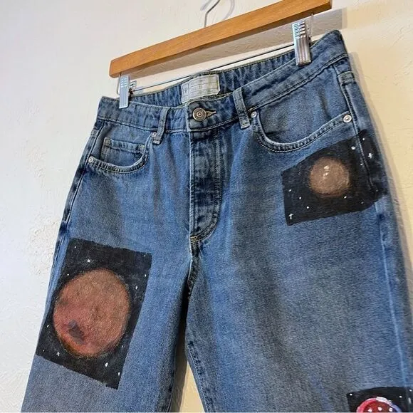 Free People Jeans Sz 26 Boyfriend Blue Tattooed Distressed