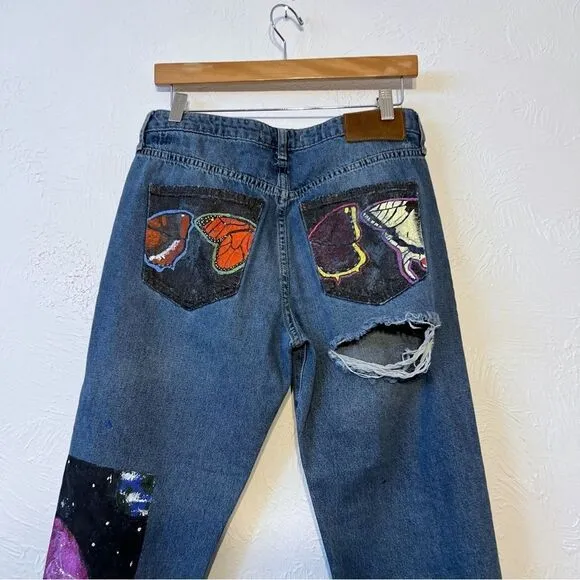 Free People Jeans Sz 26 Boyfriend Blue Tattooed Distressed