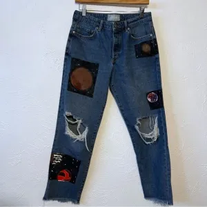 Free People Jeans Sz 26 Boyfriend Blue Tattooed Distressed