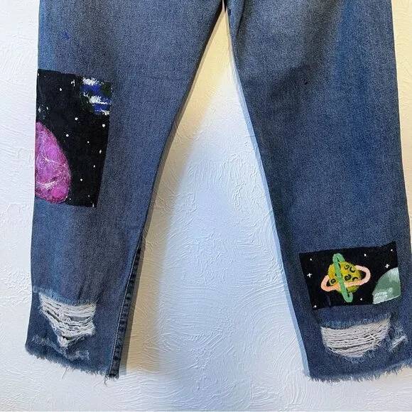 Free People Jeans Sz 26 Boyfriend Blue Tattooed Distressed