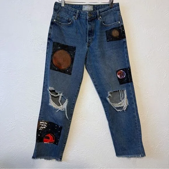 Free People Jeans Sz 26 Boyfriend Blue Tattooed Distressed