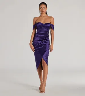 Gaia Satin Off The Shoulder Wrap Midi Dress