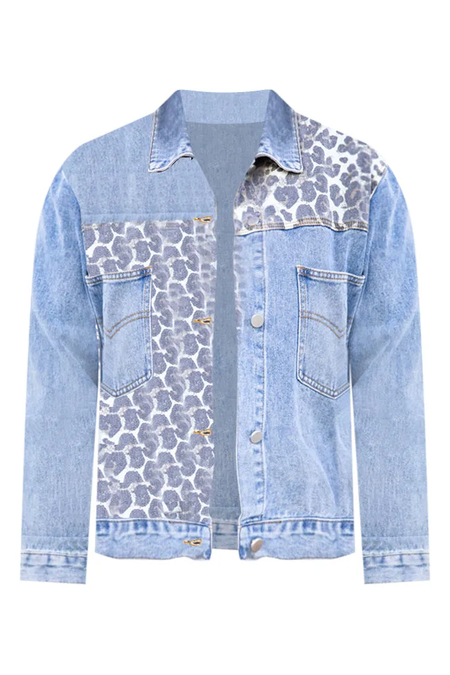 Head For The Next Town Leopard Print Medium Wash Denim Jacket FINAL SALE