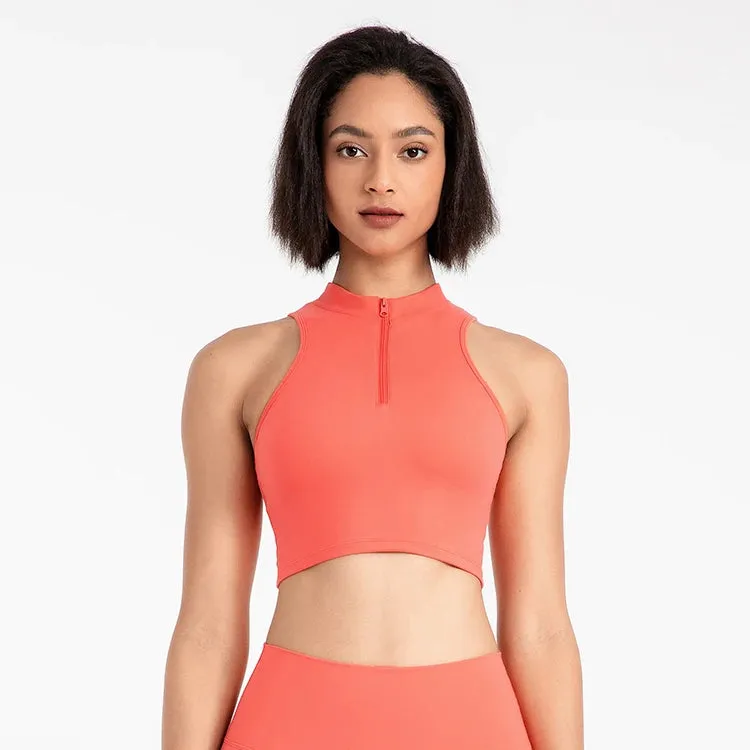 High Neck Longline Sports Bras for Women - Sleeveless Half Zip Gym Crop Tops