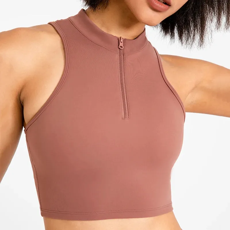 High Neck Longline Sports Bras for Women - Sleeveless Half Zip Gym Crop Tops