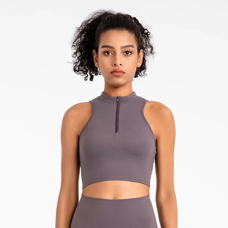 High Neck Longline Sports Bras for Women - Sleeveless Half Zip Gym Crop Tops