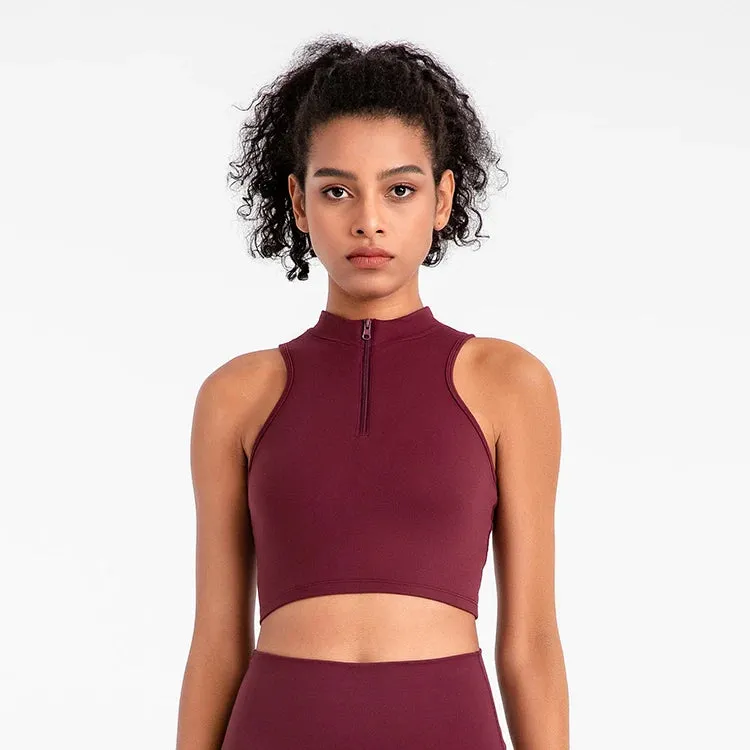 High Neck Longline Sports Bras for Women - Sleeveless Half Zip Gym Crop Tops