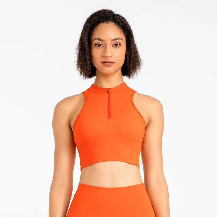 High Neck Longline Sports Bras for Women - Sleeveless Half Zip Gym Crop Tops