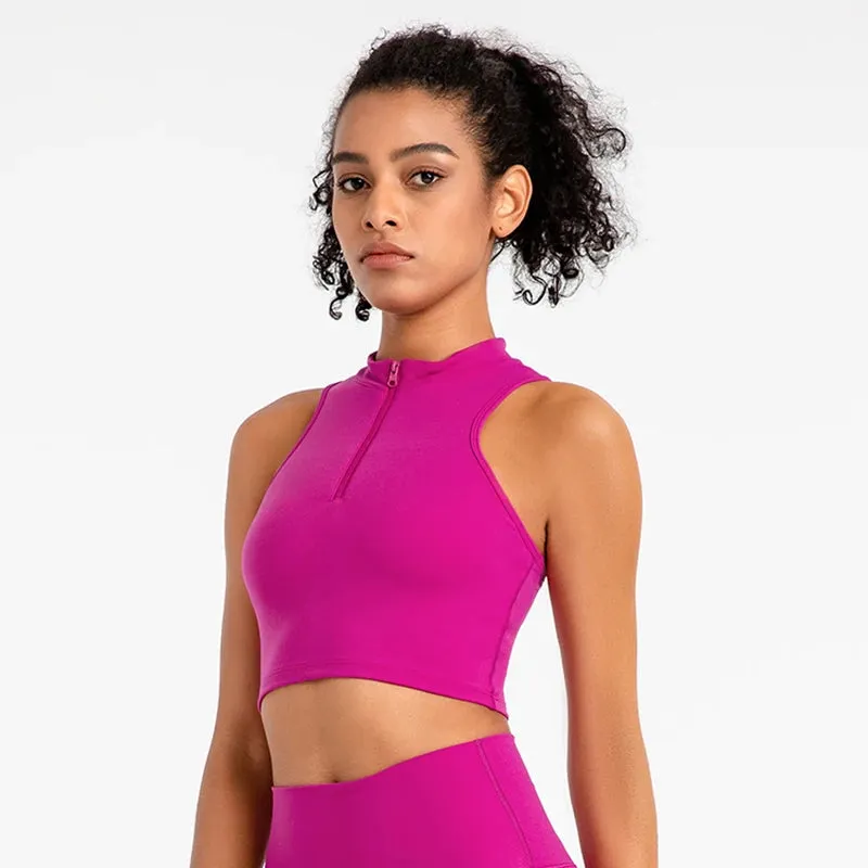 High Neck Longline Sports Bras for Women - Sleeveless Half Zip Gym Crop Tops