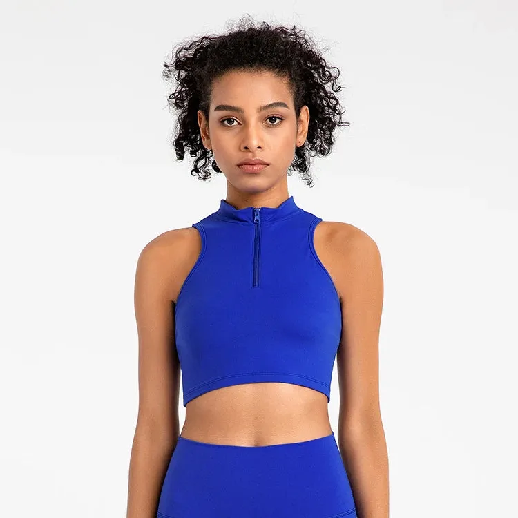 High Neck Longline Sports Bras for Women - Sleeveless Half Zip Gym Crop Tops