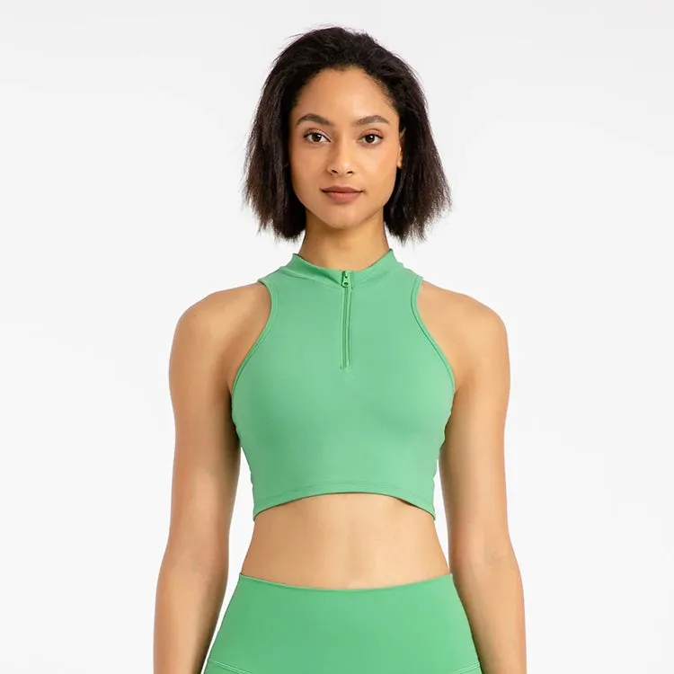 High Neck Longline Sports Bras for Women - Sleeveless Half Zip Gym Crop Tops