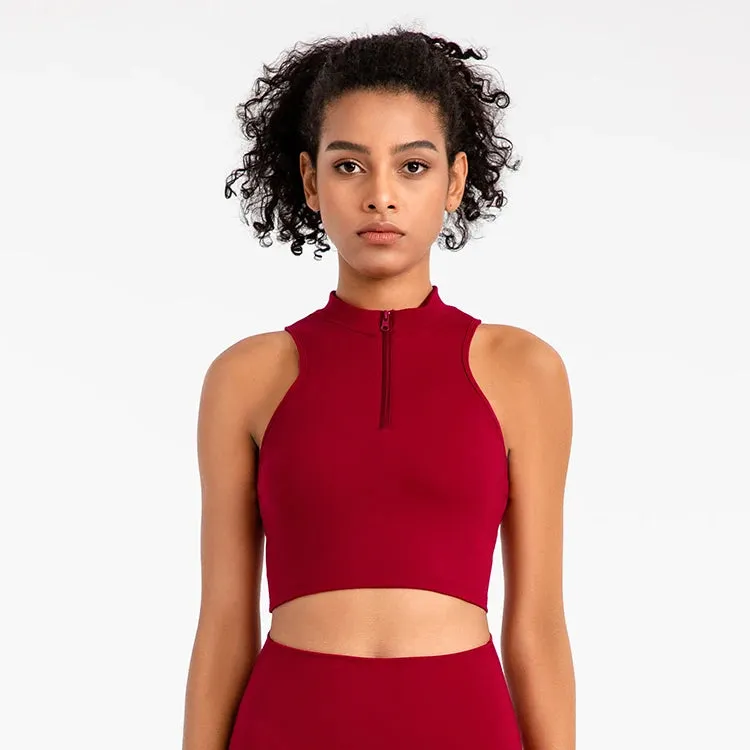 High Neck Longline Sports Bras for Women - Sleeveless Half Zip Gym Crop Tops
