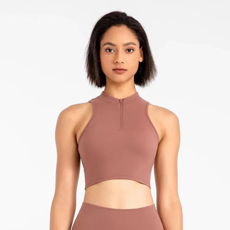 High Neck Longline Sports Bras for Women - Sleeveless Half Zip Gym Crop Tops