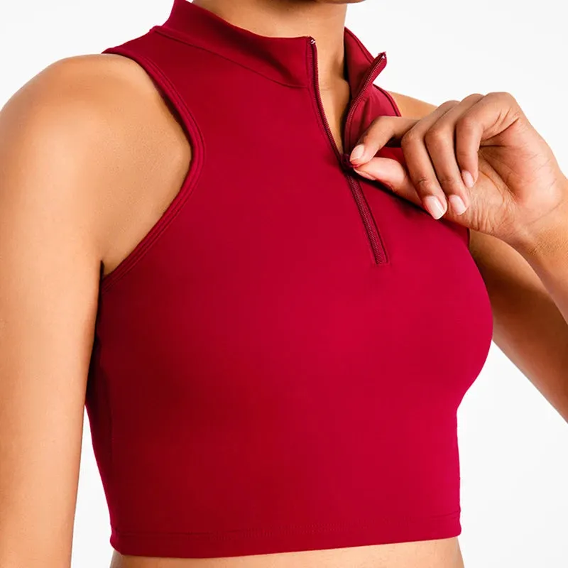High Neck Longline Sports Bras for Women - Sleeveless Half Zip Gym Crop Tops
