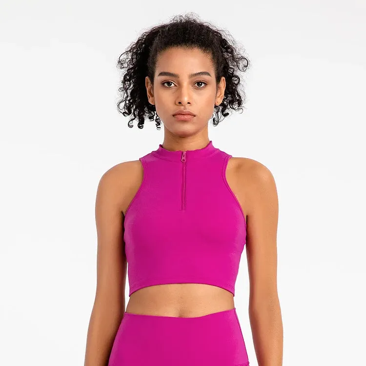High Neck Longline Sports Bras for Women - Sleeveless Half Zip Gym Crop Tops