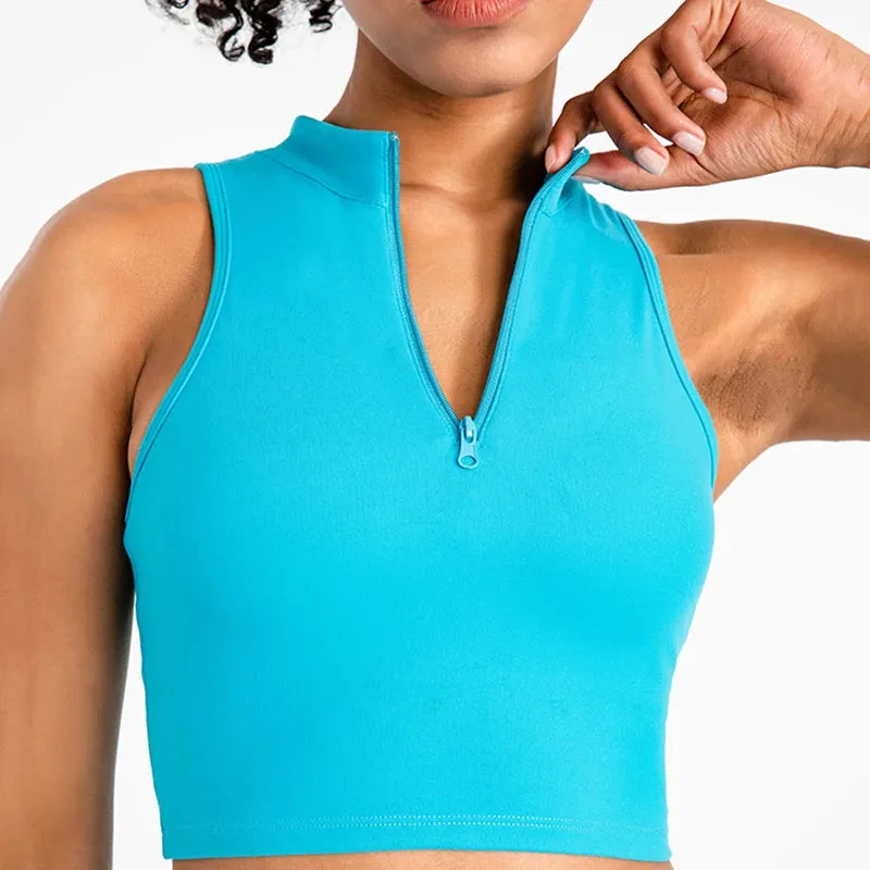 High Neck Longline Sports Bras for Women - Sleeveless Half Zip Gym Crop Tops