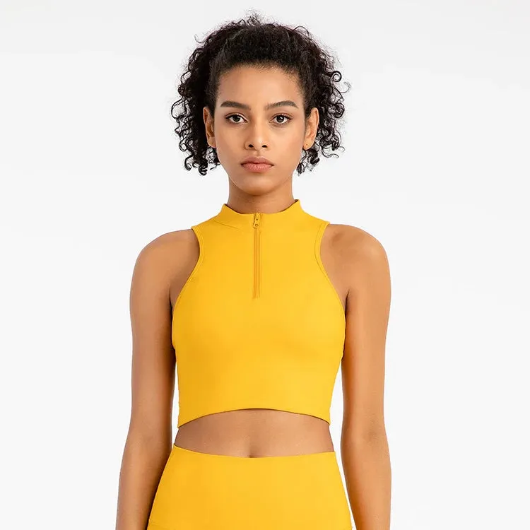 High Neck Longline Sports Bras for Women - Sleeveless Half Zip Gym Crop Tops