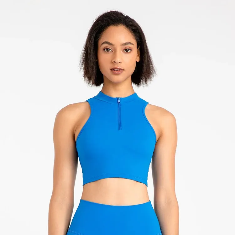 High Neck Longline Sports Bras for Women - Sleeveless Half Zip Gym Crop Tops