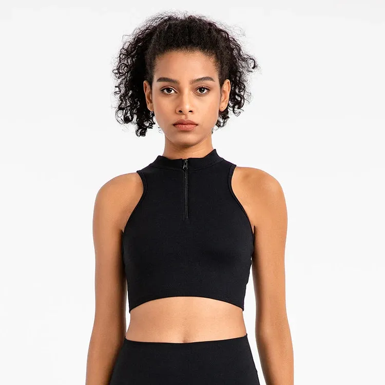 High Neck Longline Sports Bras for Women - Sleeveless Half Zip Gym Crop Tops