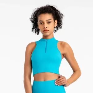 High Neck Longline Sports Bras for Women - Sleeveless Half Zip Gym Crop Tops