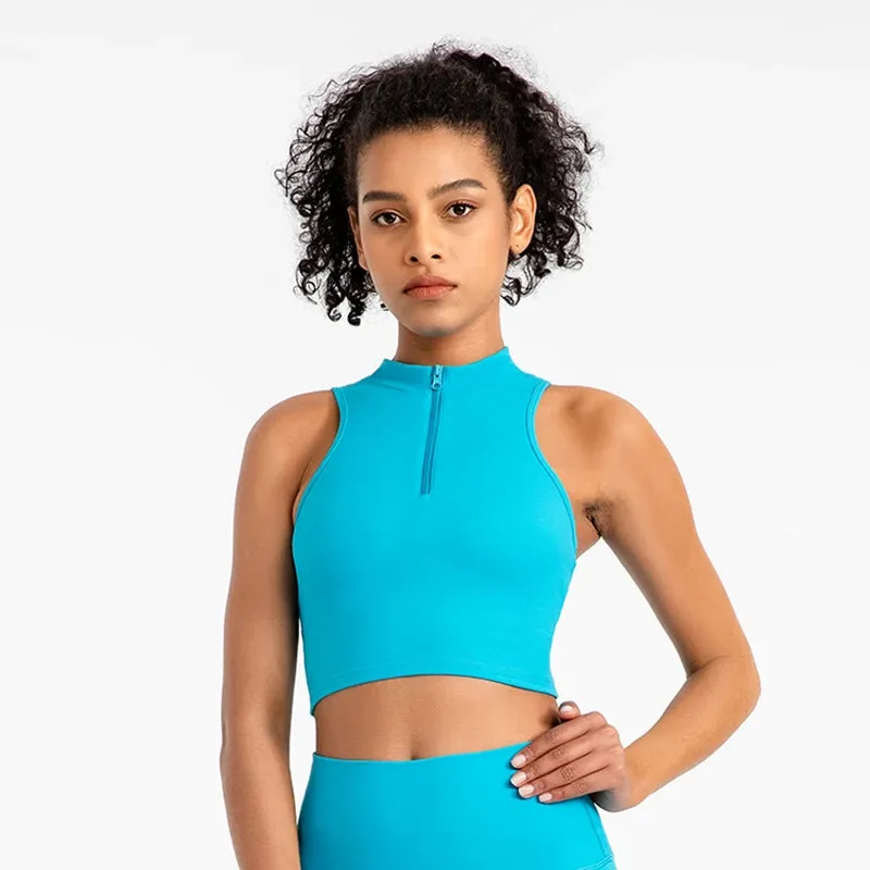 High Neck Longline Sports Bras for Women - Sleeveless Half Zip Gym Crop Tops