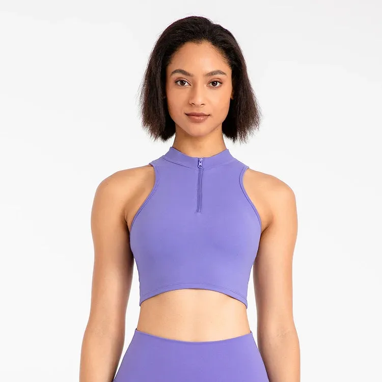 High Neck Longline Sports Bras for Women - Sleeveless Half Zip Gym Crop Tops