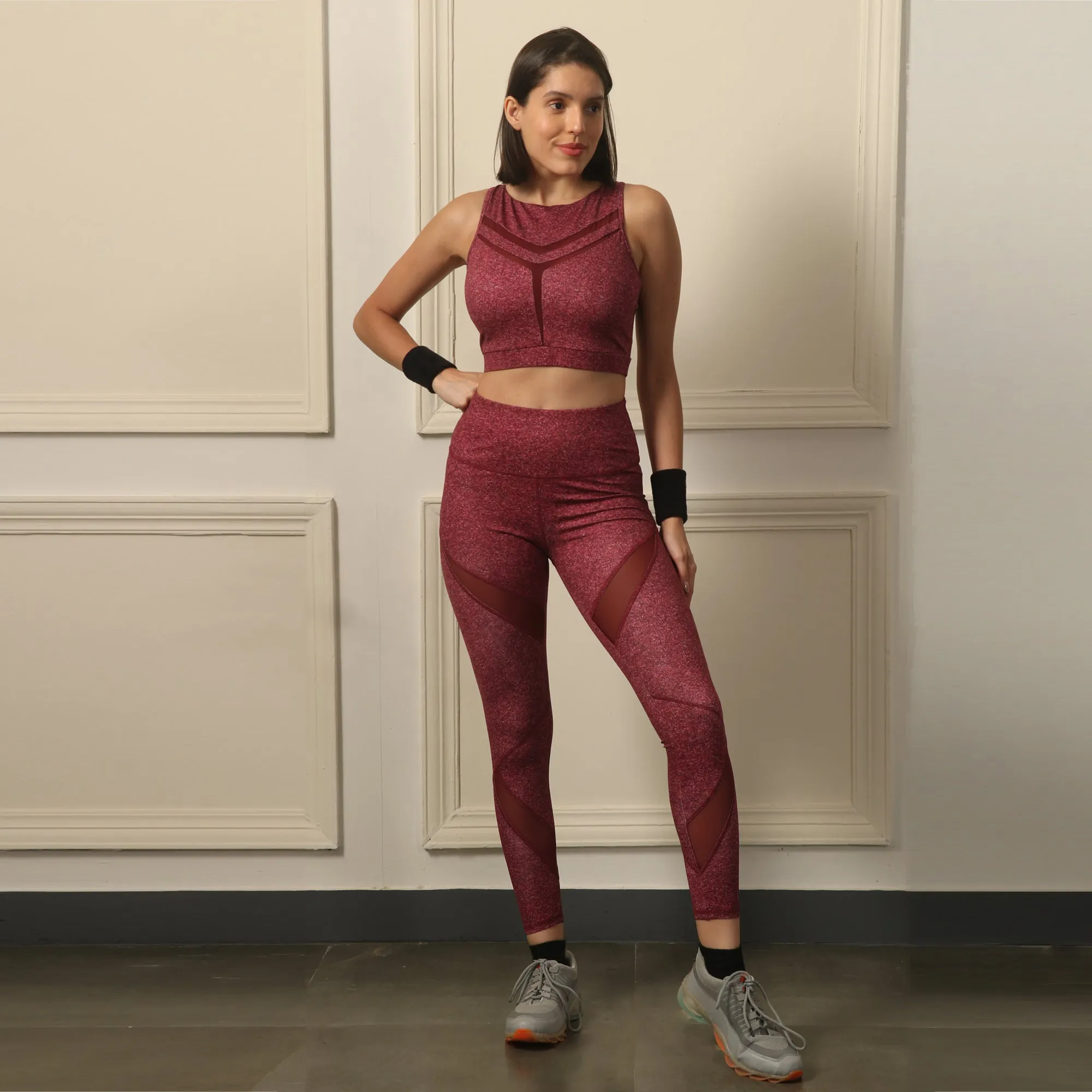 High Waist Ankle Length Sports Leggings with Mesh Panel and Quick Dry