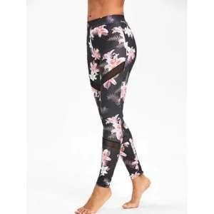 High Waist Floral Print Mesh Panel Leggings - S