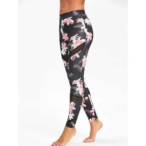 High Waist Floral Print Mesh Panel Leggings - S