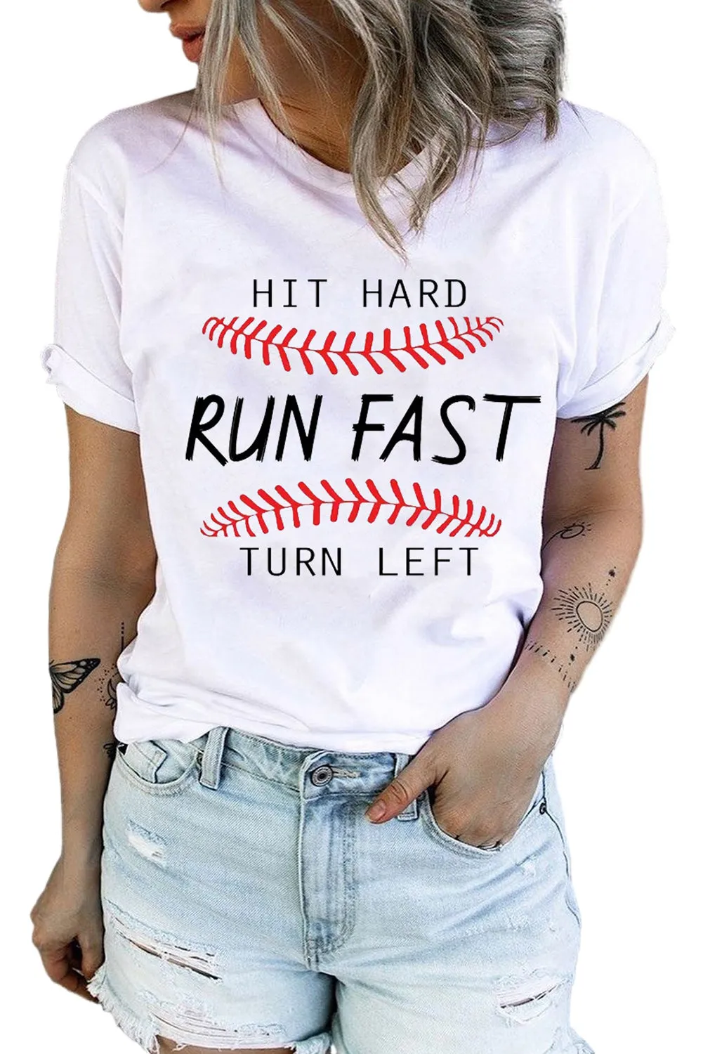 HIT HARD RUN FAST TURN LEFT Baseball Print White Tee