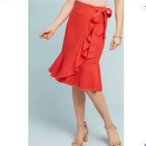 Holding Horses Anthropologie Red Linen Midi Ruffle Wrap Skirt SZ 0