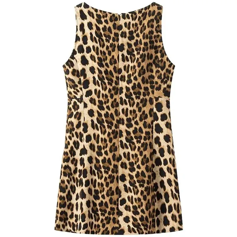HXAO Mini Leopard Print Dresses Women's Summer Sundresses 2024 Ladies O-Neck Sleeveless Short Dress Chic Elegant Vintage Dresses