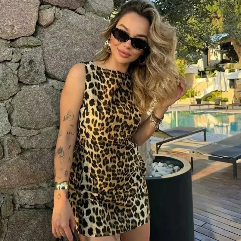 HXAO Mini Leopard Print Dresses Women's Summer Sundresses 2024 Ladies O-Neck Sleeveless Short Dress Chic Elegant Vintage Dresses