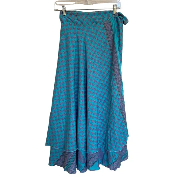 Kariza Ocean Wrap Midi Silk Skirt