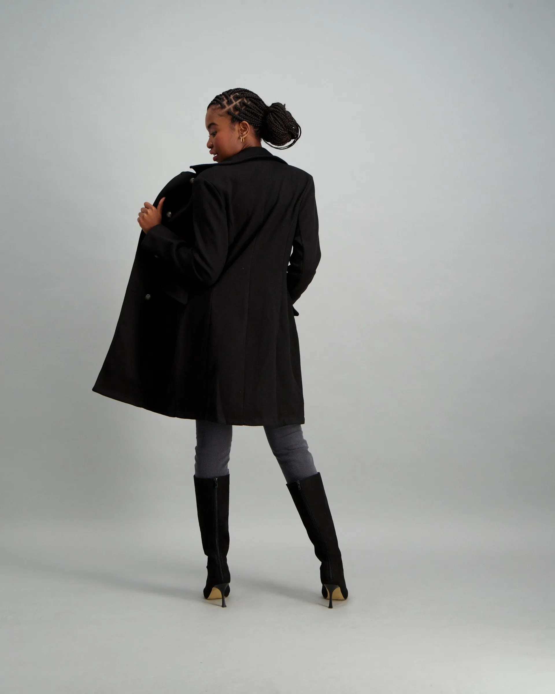 Ladies Buttoned Double Breasted Unlined Jacket - Black