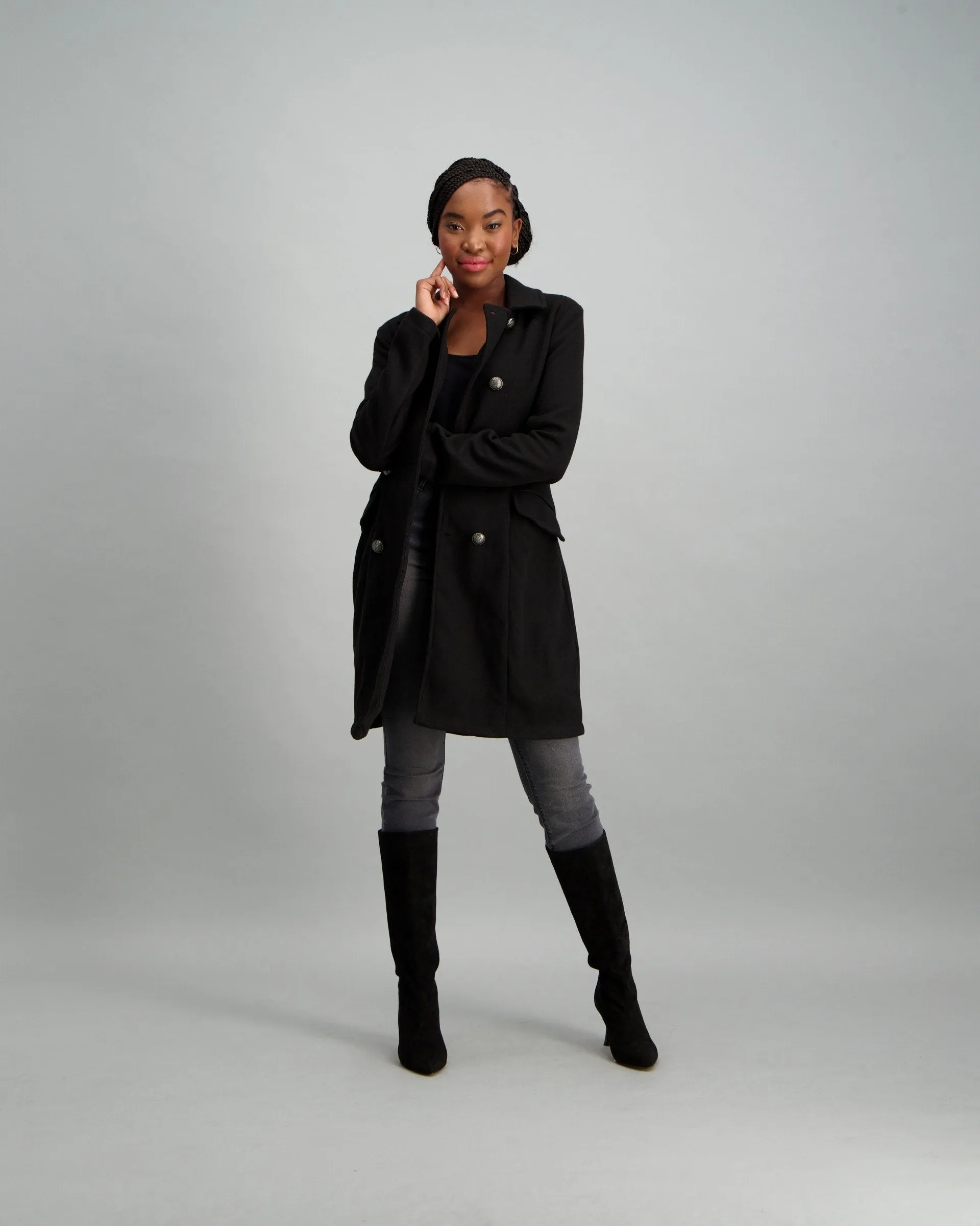 Ladies Buttoned Double Breasted Unlined Jacket - Black