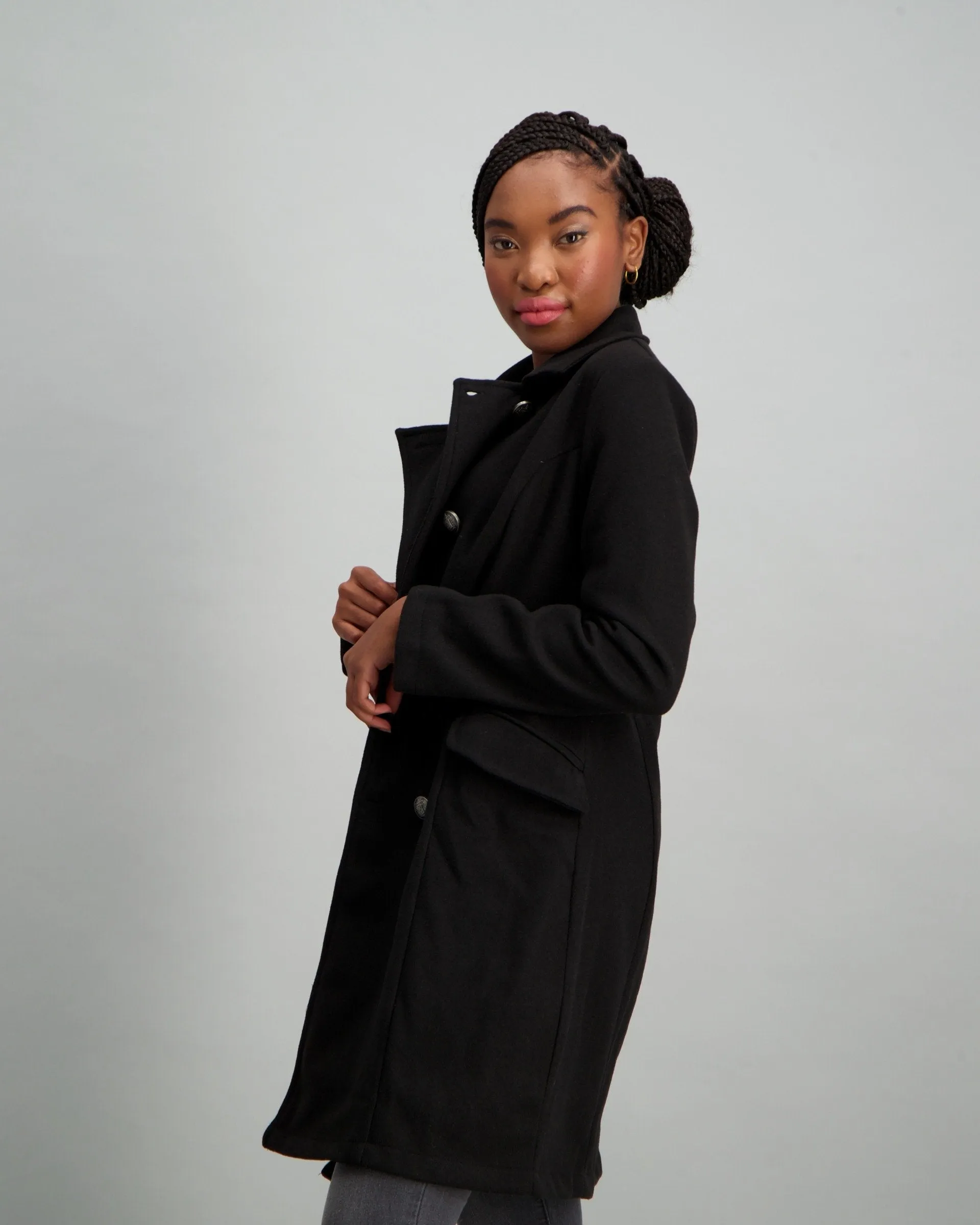 Ladies Buttoned Double Breasted Unlined Jacket - Black