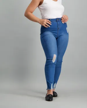 Ladies Med Wash Frayed Hem Skinny Denim Jean