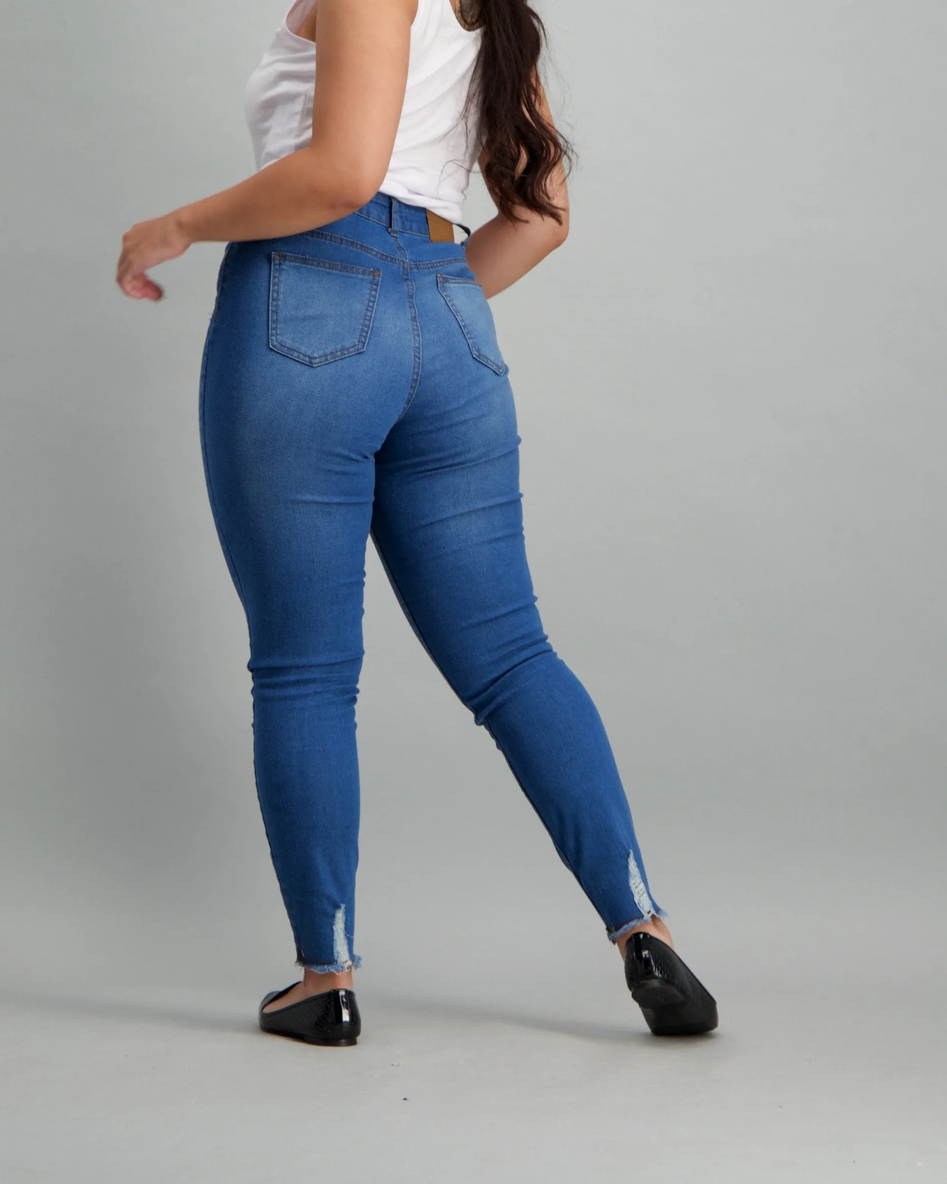 Ladies Med Wash Frayed Hem Skinny Denim Jean