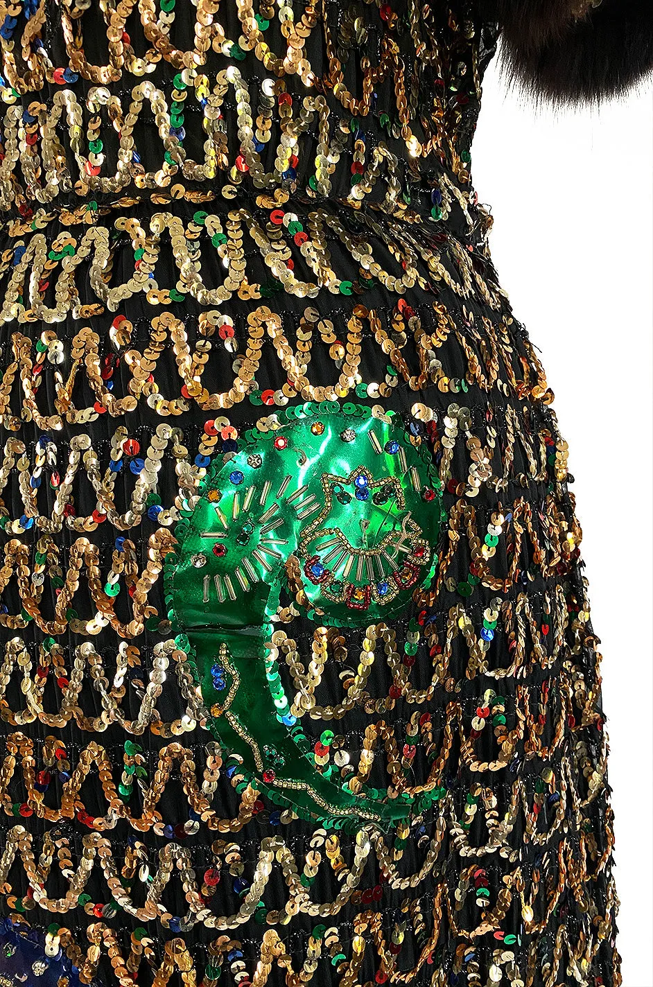 Late 1960s Oscar De La Renta Gold Sequin & Huge Paillettes Detailed Dress w Mink Cuffs