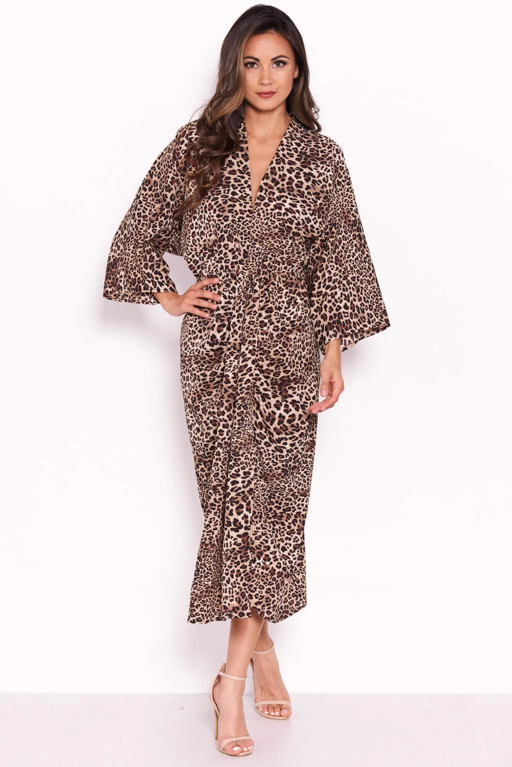 Leopard Print Elasticated Waist Midi Wrap Dress