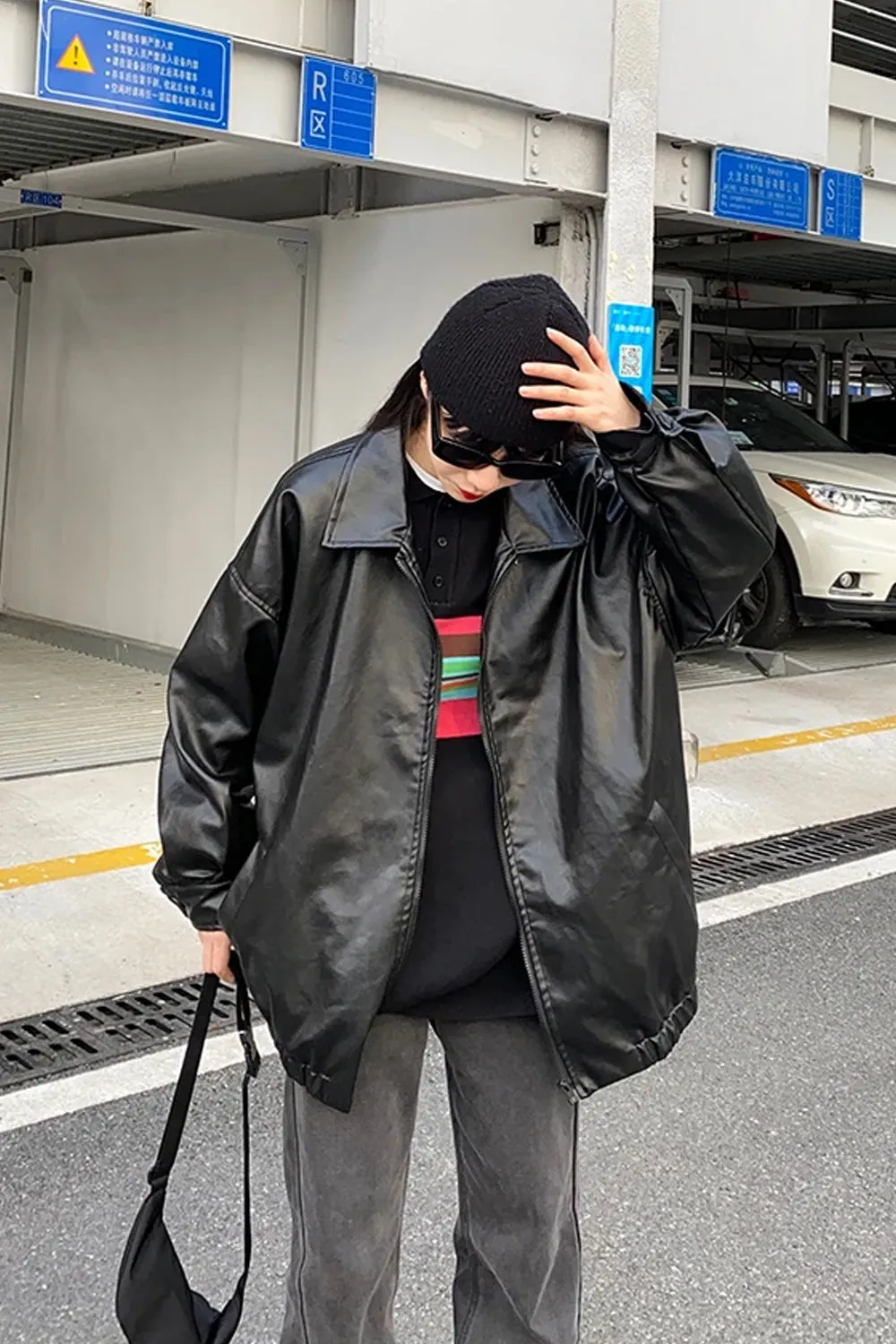 Loose Black Faux Leather Women Jackets