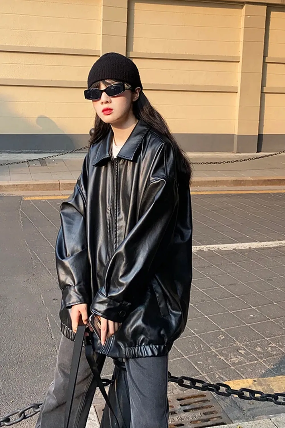 Loose Black Faux Leather Women Jackets