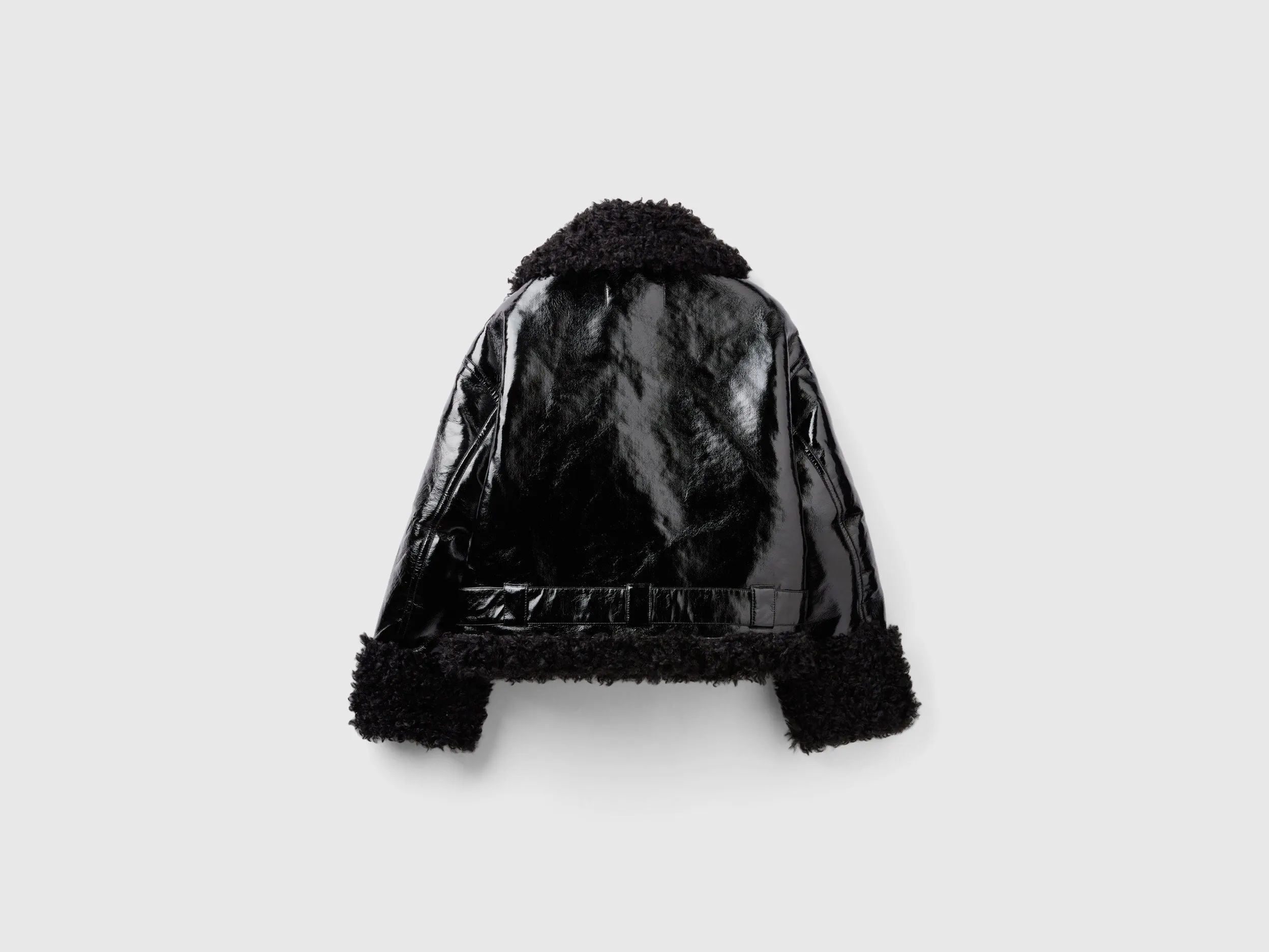 Loose Fit Lapel Neck Faux Fur Inside Black Imitation Leather Jacket