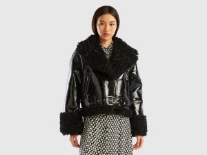 Loose Fit Lapel Neck Faux Fur Inside Black Imitation Leather Jacket