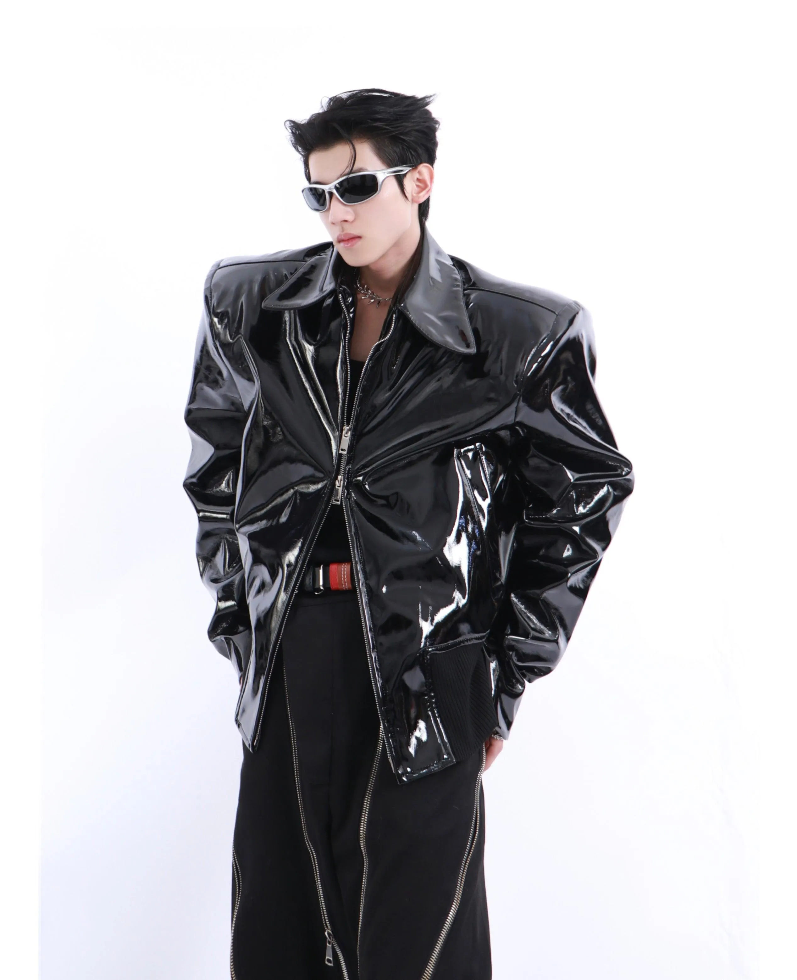 Loose Long Sleeve Black Patent Leather Jacket with Reflective Shiny Finish and Zipper