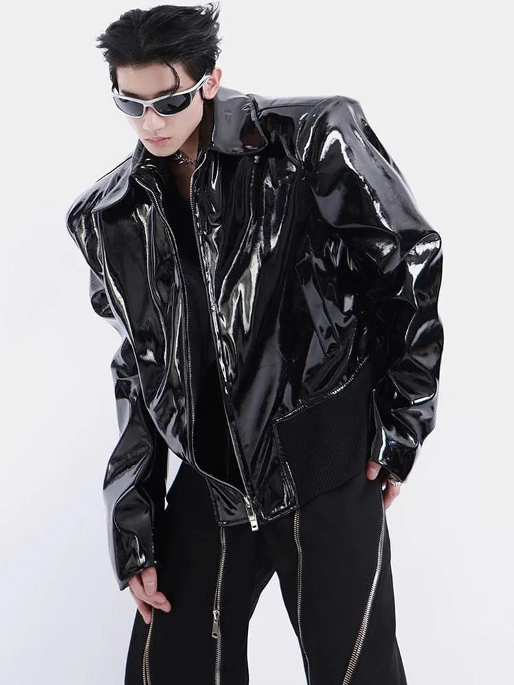Loose Long Sleeve Black Patent Leather Jacket with Reflective Shiny Finish and Zipper