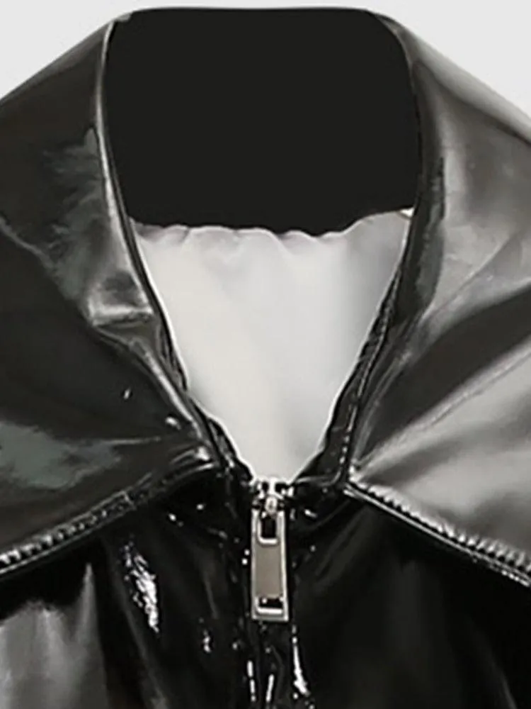 Loose Long Sleeve Black Patent Leather Jacket with Reflective Shiny Finish and Zipper